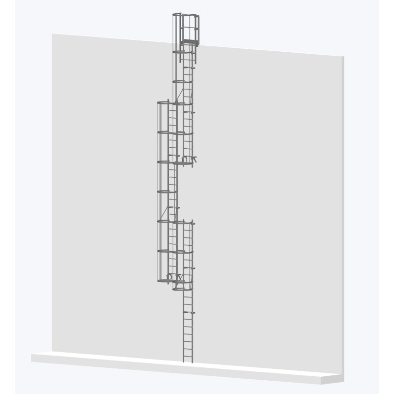 Echelle à crinoline 12000mm avec sortie large 770mm - accès sécurisé conforme EN ISO 14122-4.
